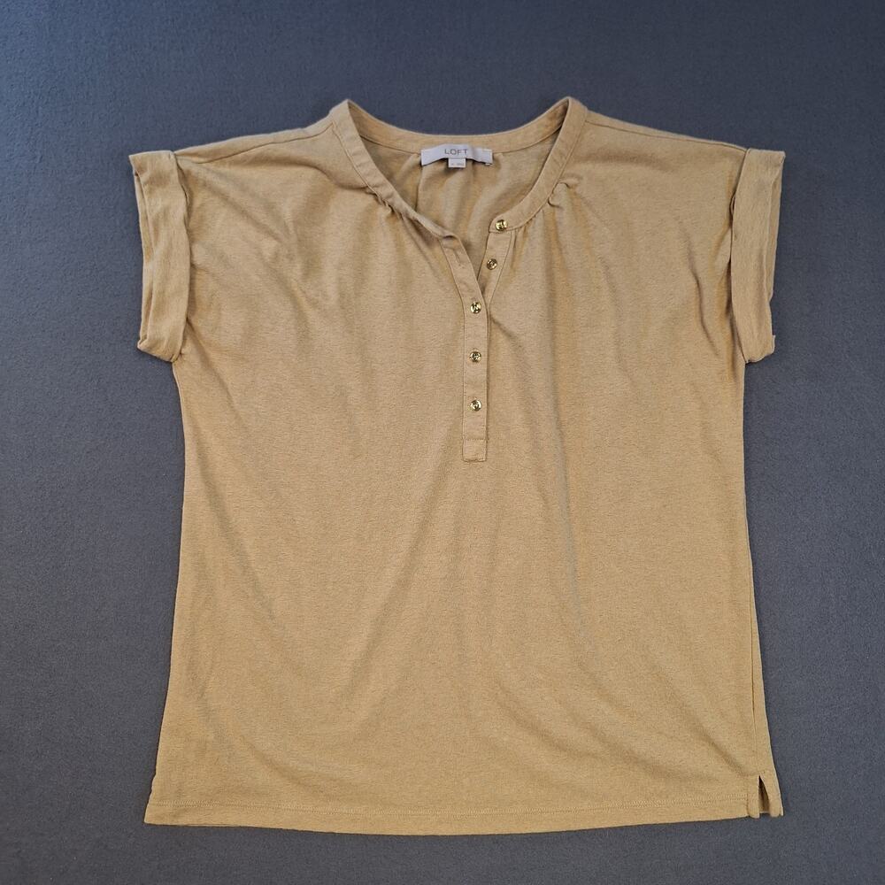 LOFT T-Shirt Henley Button Front Tan Rolled Sleeve Tunic Length Size Medium
